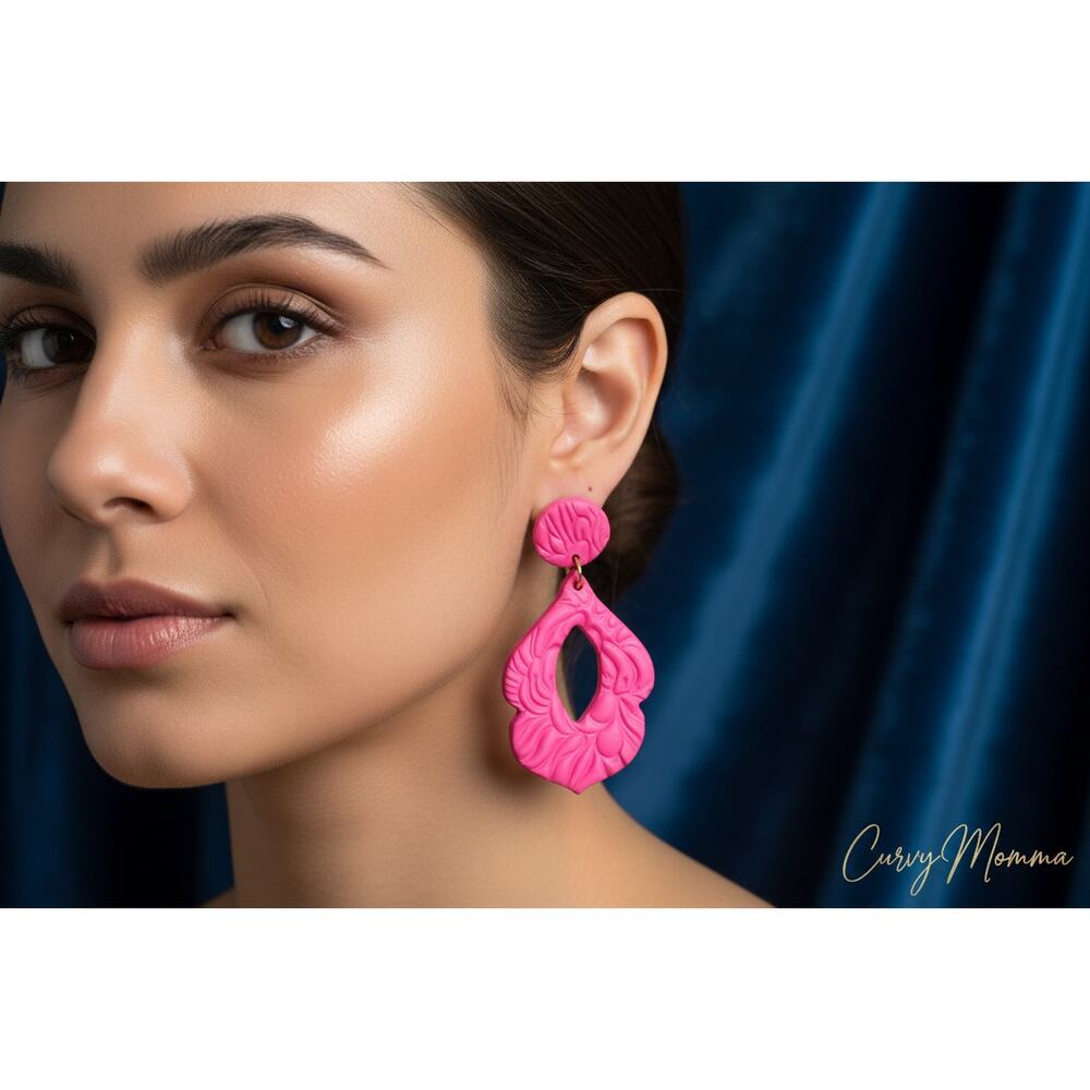 Handcrafted Bright Pink Floral Drop Earrings - Picture 2 of 3
